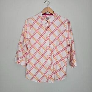 Chicos Womens 3/4 Sleeve Button Up Top Size XL Whie Plaid Soft Girl Casual Chic